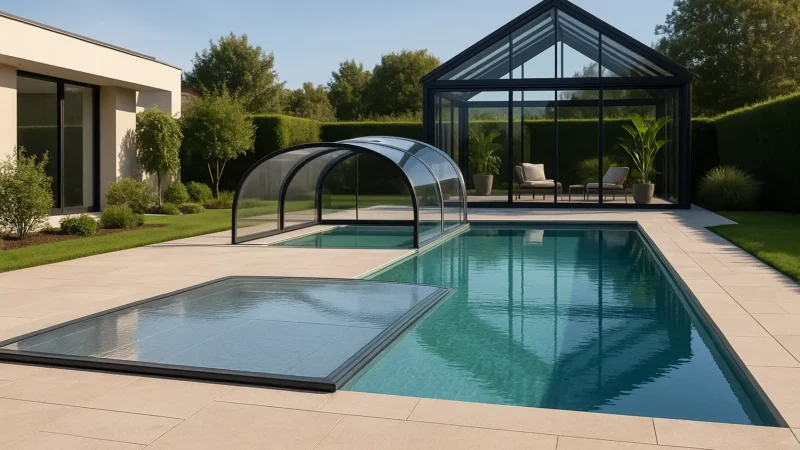 Illustration d'un abri de piscine haut design intégré à un jardin contemporain