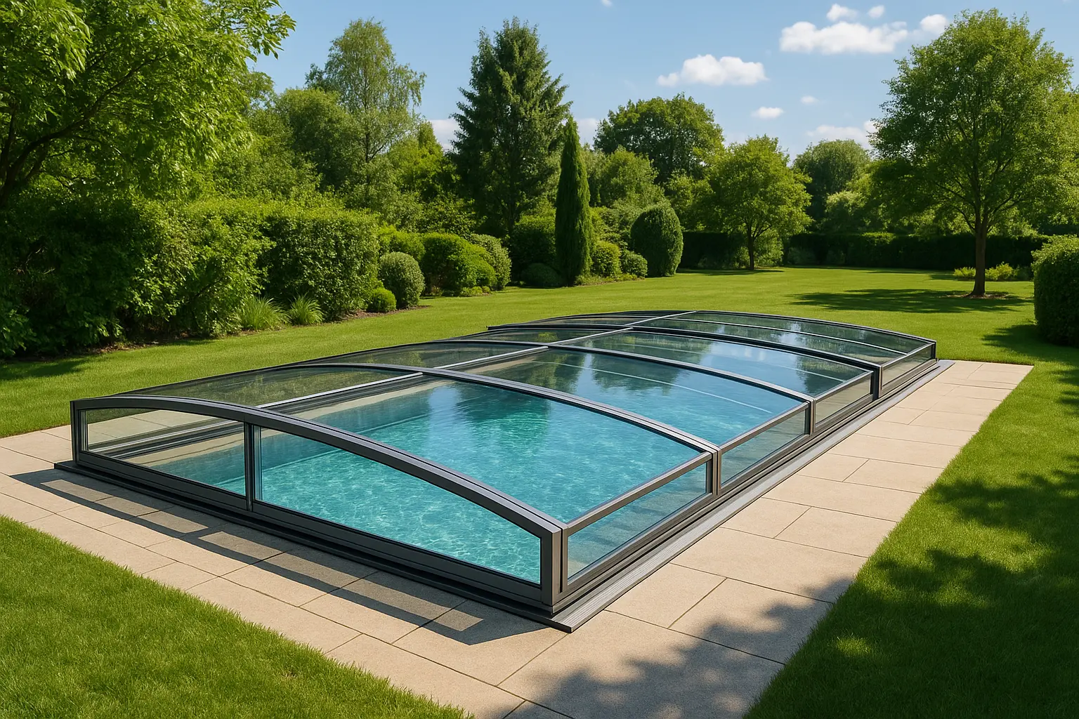 <strong>Abris de piscine bas</strong> en aluminium et polycarbonate intégrés au jardin