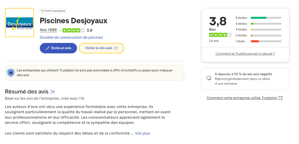 avis piscines desjoyaux trustpilot