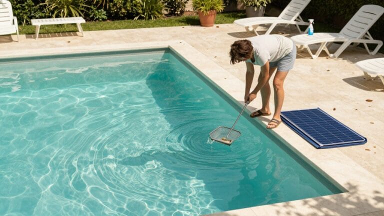 Araignées d'eau et gerris glissant sur la surface d'une piscine