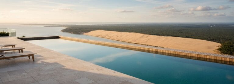 Piscine à débordement offrant une vue panoramique sur le Bassin d'Arcachon
