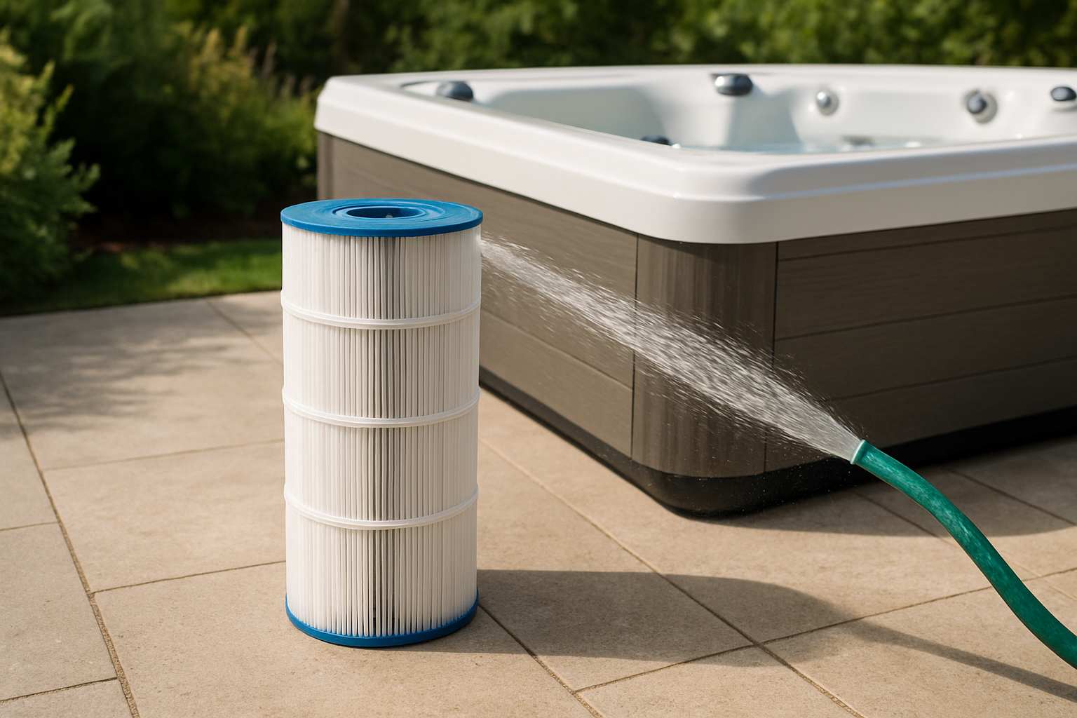 Nettoyage d’un filtre de spa avec un jet d’eau près d’un spa extérieur
