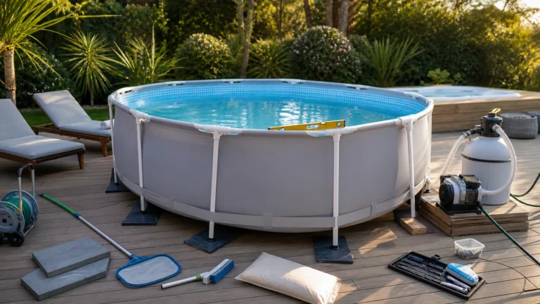 comment redresser une piscine tubulaire sans la vider illustré dans une scène éditoriale
