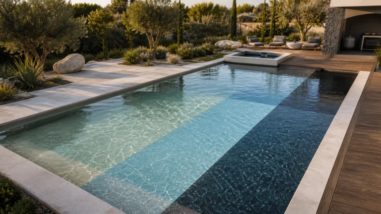 couleur de liner piscine et rendu illustré dans une scène éditoriale