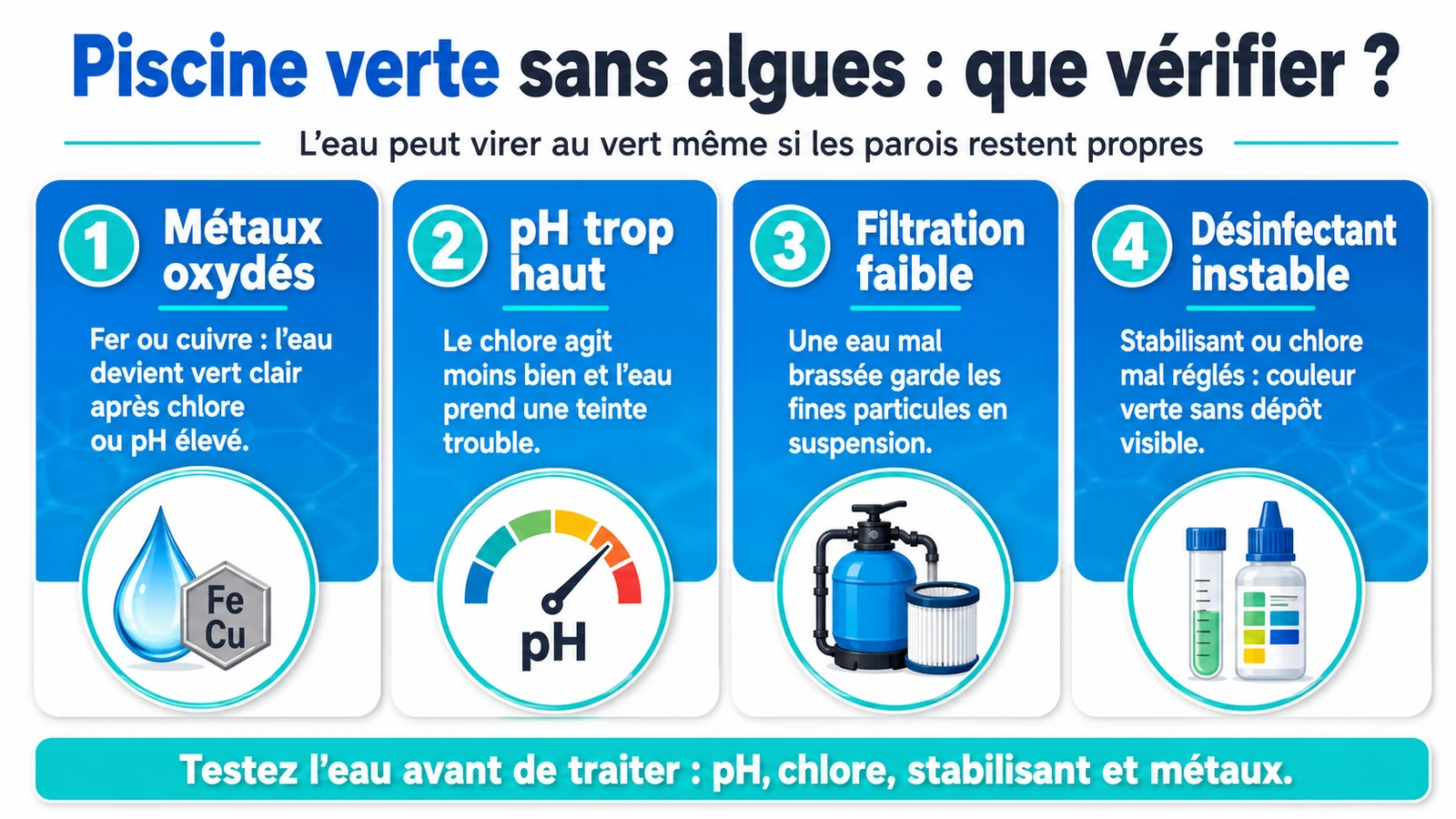 infographie sur eau de piscine verte mais sans algues