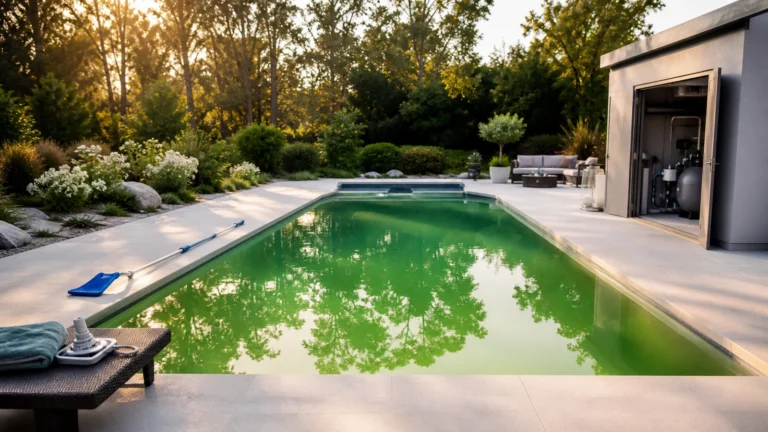 eau de piscine verte mais sans algues illustré dans une scène éditoriale