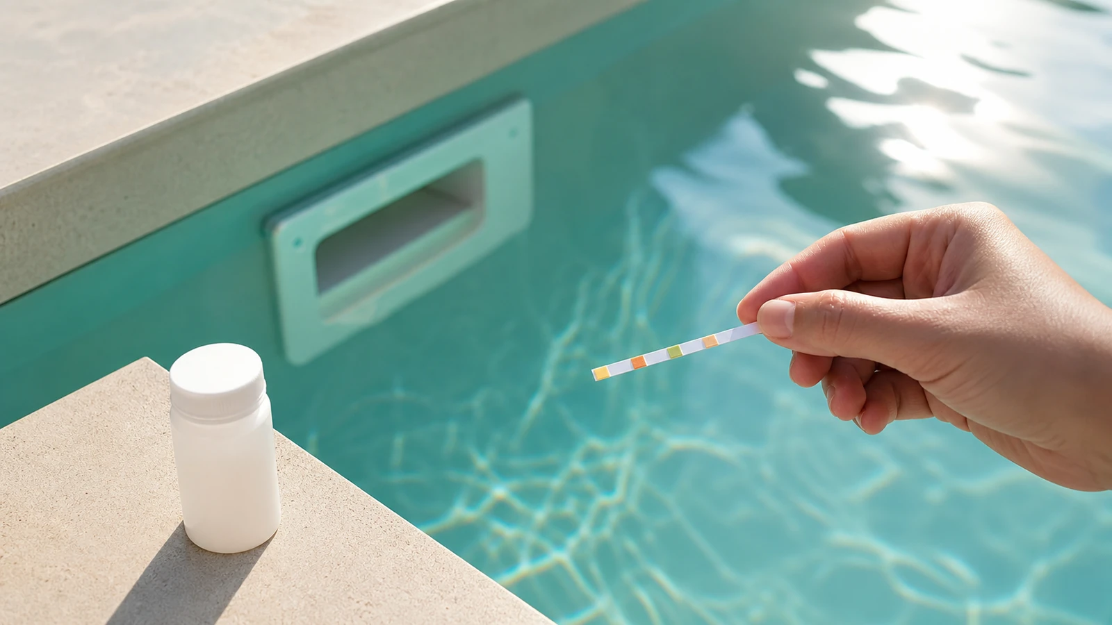 morceau de cuivre dans piscine avec test de qualité de l’eau