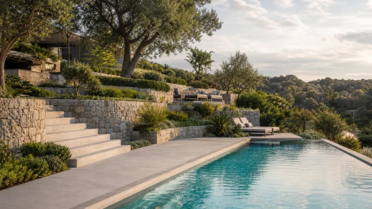 piscine sur un terrain en pente avec aménagement de piscine adapté