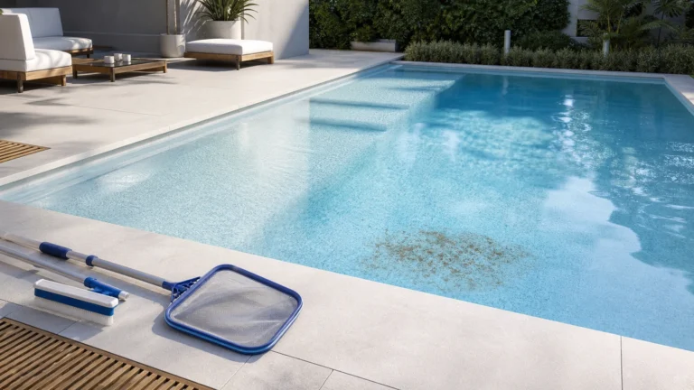 poussière marron au fond de la piscine dans une piscine résidentielle