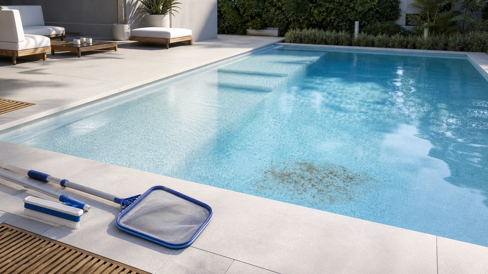 poussière marron au fond de la piscine dans une piscine résidentielle