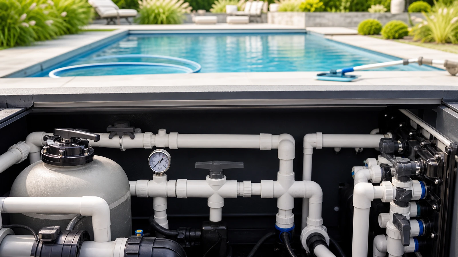 quelle vanne fermer pour prise balai piscine illustré dans une scène éditoriale
