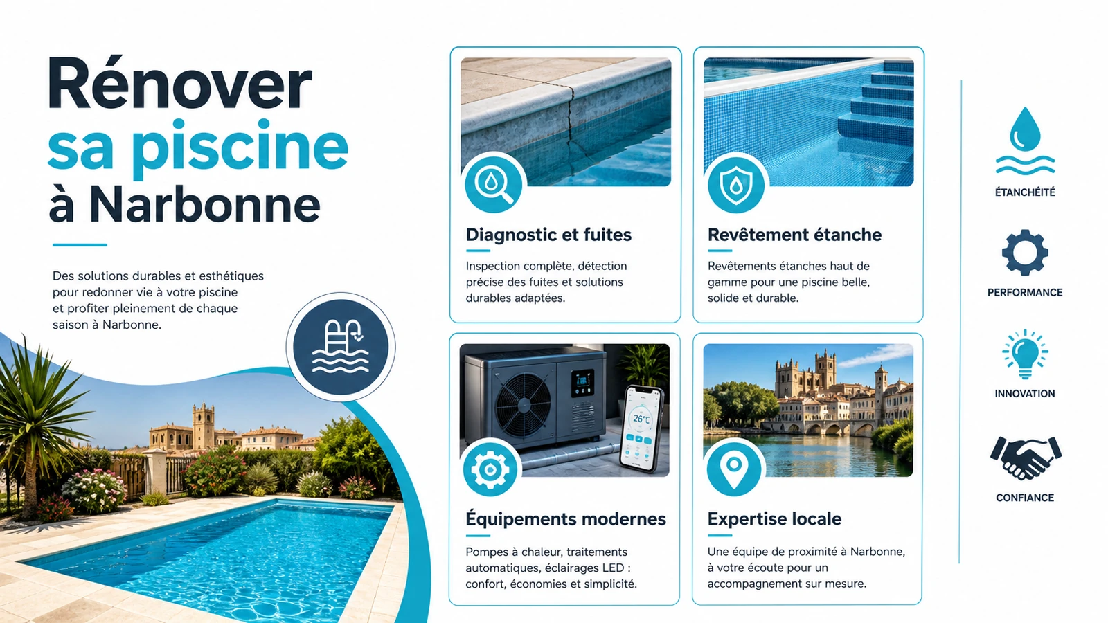 infographie rénovation de piscine à Narbonne : diagnostic, revêtement, équipements, expertise locale