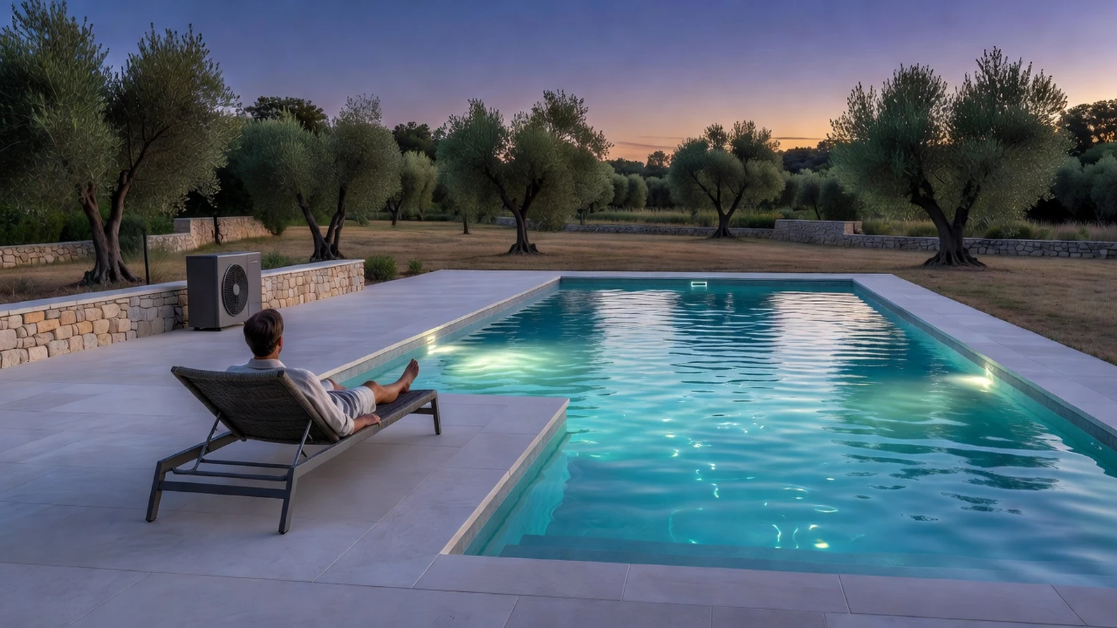 piscine rénovée à Narbonne, bassin moderne éclairé au crépuscule